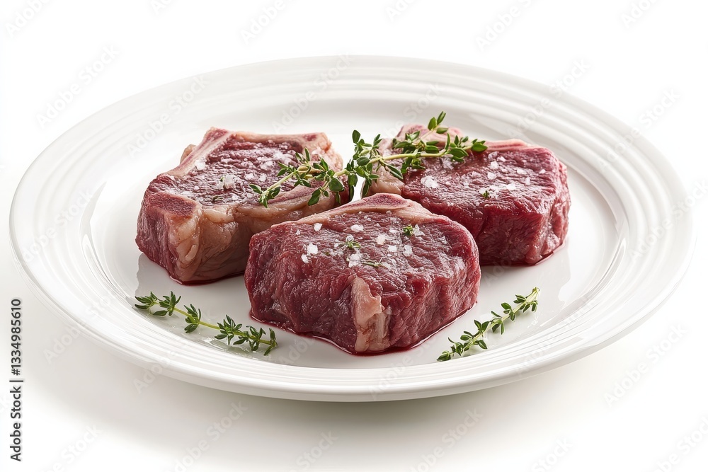 Fresh Raw Meat Cuts on White Plate with Herbs Ready for Cooking and Culinary Preparation Fresh Raw Meat Cuts on White Plate with Herbs Ready for Cooking and Culinary Preparation