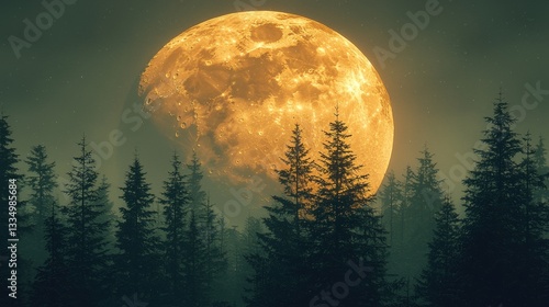 Dramatic Full Moon Illuminating Dense Forest Under Starry Night Sky