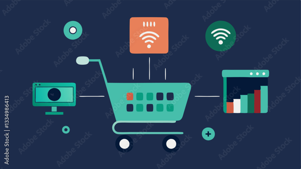 Shopping Cart with Sensors A shopping cart loaded with items featuring a digital screen that displays the total cost as the user adds products. The cart is highlighted with tiny Shopping Cart with Sensors A shopping cart loaded with items featuring a digital screen that displays the total cost as the user adds products. The cart is highlighted with tiny