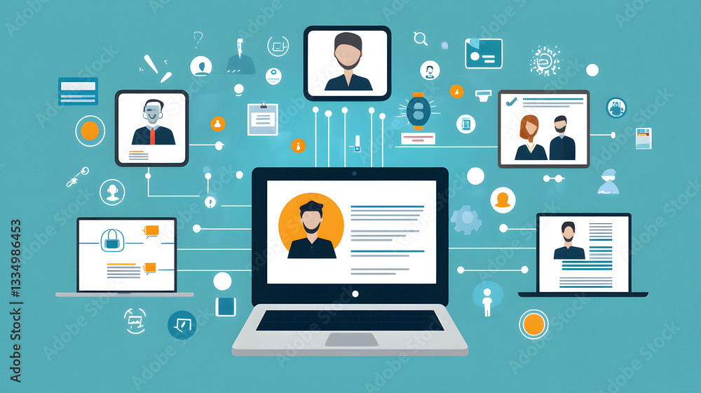Digital illustration of online job search and career growth with connected devices and profiles. image features laptops, user profiles, and various icons symbolizing communication and networking Digital illustration of online job search and career growth with connected devices and profiles. image features laptops, user profiles, and various icons symbolizing communication and networking