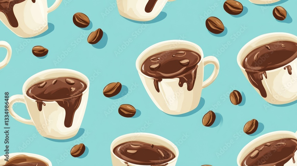 Obraz premium Coffee cups pattern, light blue background, dripping chocolate, coffee beans. Possible use design element