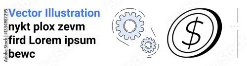Two interlocking gears beside a dollar coin outline represent financial planning, operational efficiency, currency exchange, entrepreneurship, and technology. Ideal for websites, fintech apps
