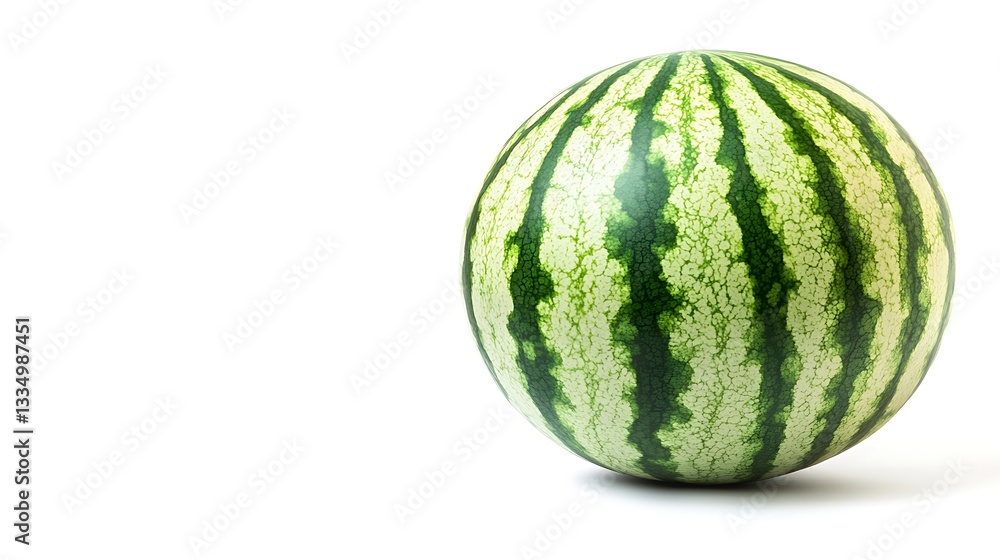 A single whole watermelon displays its striped green and white rind A single whole watermelon displays its striped green and white rind