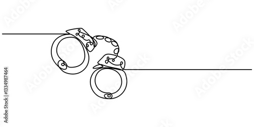one continuous line drawing handcuffs minimalist design vector illustration law theme object isolated on white background, Handcuffs in one continuous line drawing. Symbol of police justice and jail.
