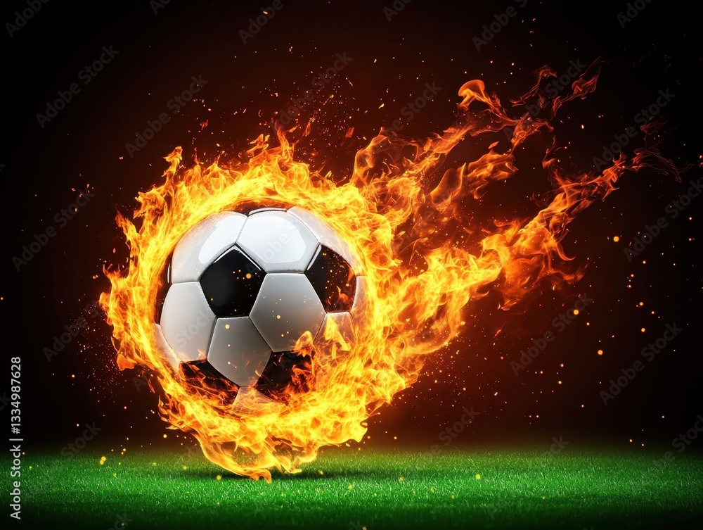 Fototapeta premium Flaming soccer ball in motion on a vibrant field with dynamic background