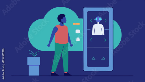 Smart Mirror Fashion Advisor A user is looking into a smart mirror that overlays suggested outfits and accessories with AI algorithms visibly working in the background.