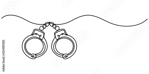one continuous line drawing handcuffs minimalist design vector illustration law theme object isolated on white background, Handcuffs in one continuous line drawing. Symbol of police justice and jail.