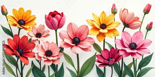 Assorted blooming flowers in different hues and shapes, perfect for textile prints and decorative projects, blooms, variety