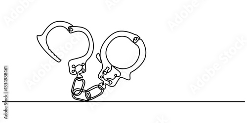 one continuous line drawing handcuffs minimalist design vector illustration law theme object isolated on white background, Handcuffs in one continuous line drawing. Symbol of police justice and jail.