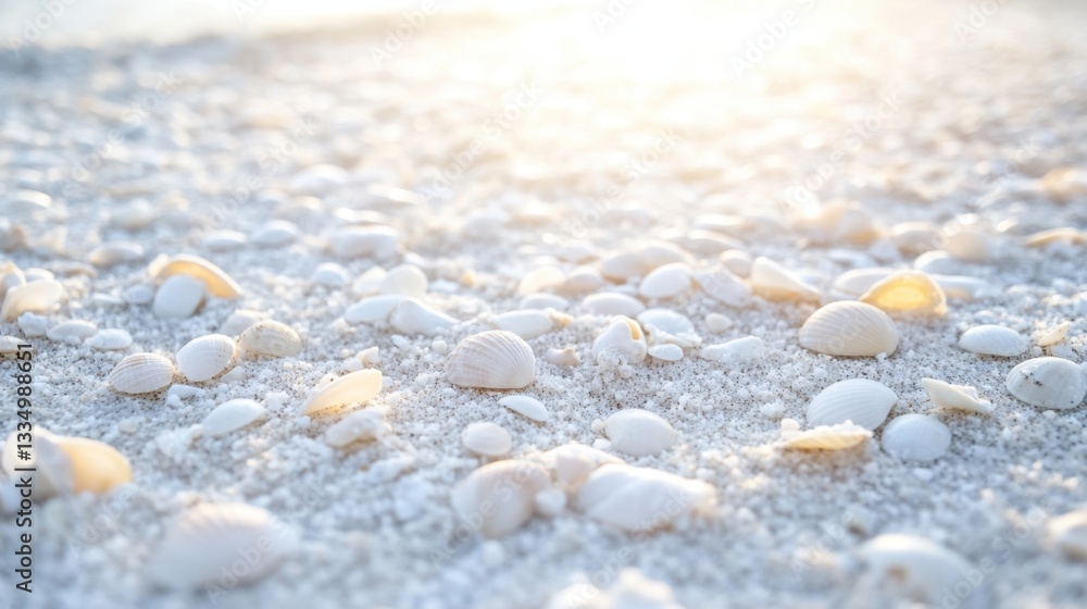 A pristine white sandy ocean floor scattered with delicate seashells, illuminated by soft sunlight, creating a serene coastal atmosphere A pristine white sandy ocean floor scattered with delicate seashells, illuminated by soft sunlight, creating a serene coastal atmosphere