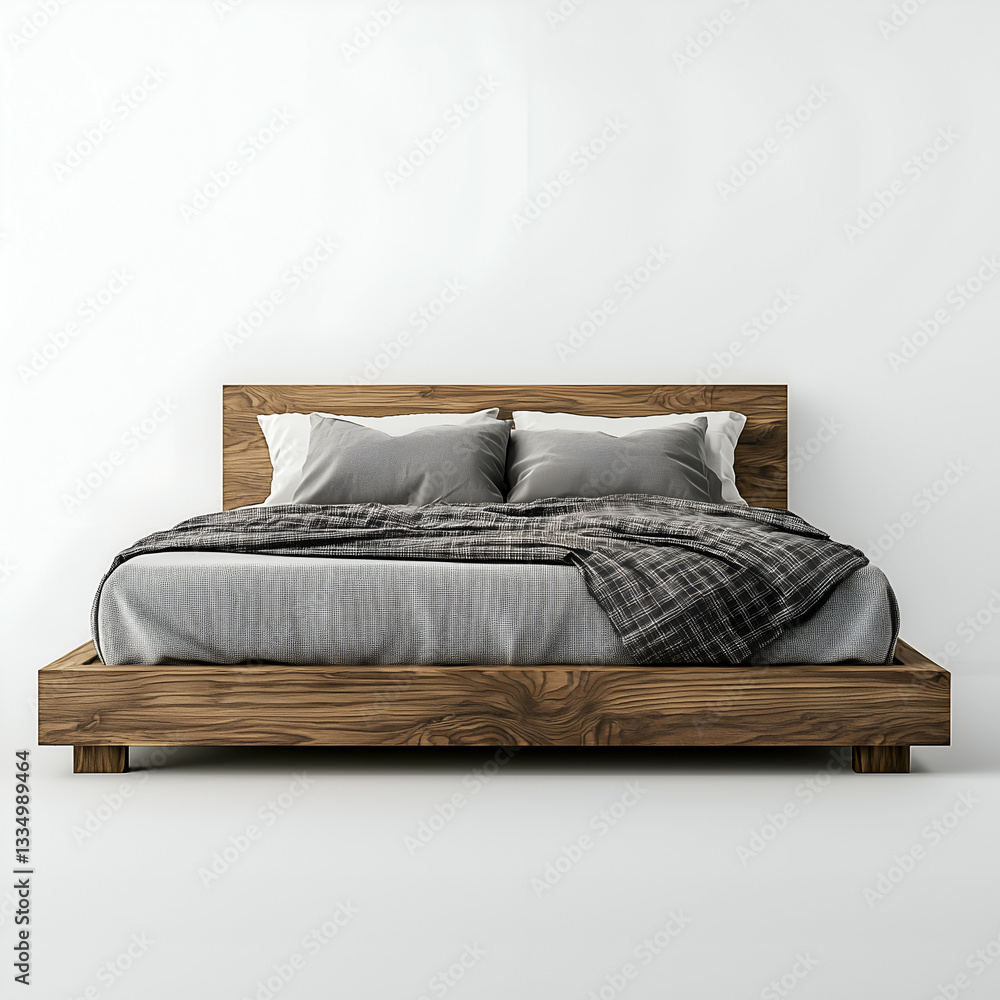 Obraz premium Cozy Modern Bedroom: Comfortable Wood Bed with Gray Bedding, Plaid Blanket, and Minimalist Style