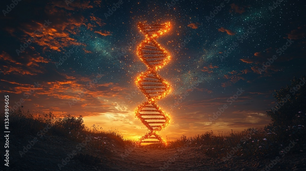 Obraz premium Illuminated DNA Helix at Sunset with Starry Sky and Dramatic Cloud Formation