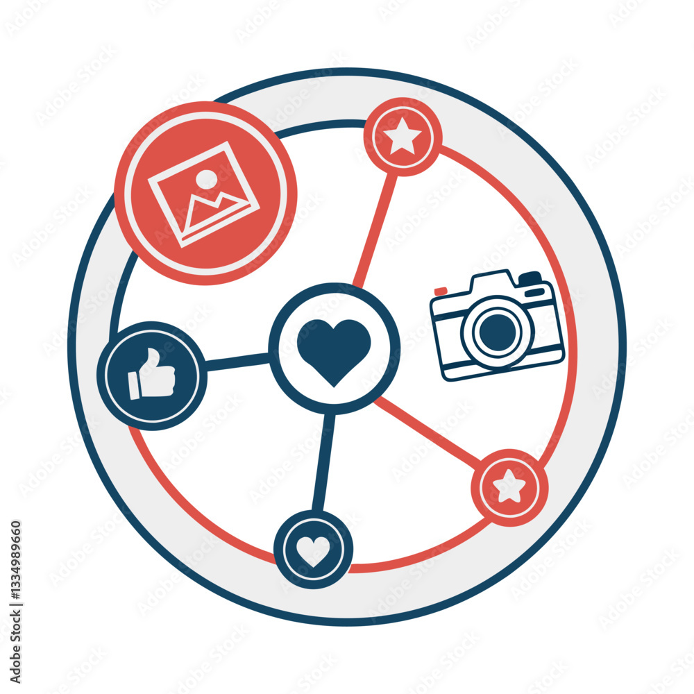 Circular diagram, social media icons, network connections, flat design, Circular diagram, social media icons, network connections, flat design,