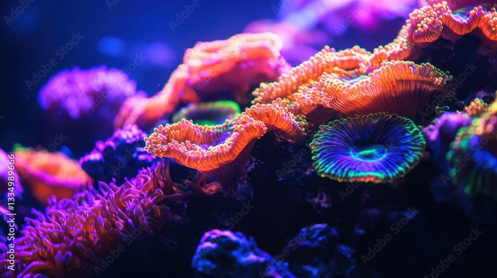 Fototapeta premium Glowing coral reef illuminated by UV light creates a stunning underwater scene at night, showcasing vivid colors and intricate textures of marine life