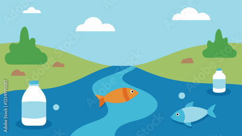 Polluted Waterway A river scene showing floating plastic bags and bottles with a cartoon fish holding its nose the poor water quality due to pollution.