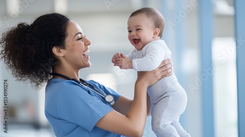 Joyful nurse holds up a happy newborn baby at the hospital
