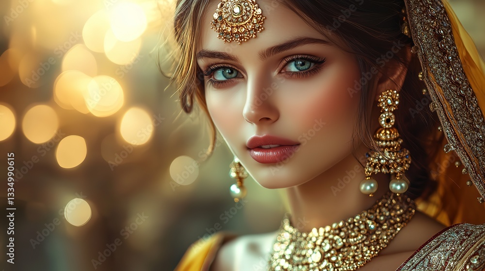 Fototapeta premium pretty Indian woman wearing gold jewelry ornate with traditional dress Sari with bokeh light 