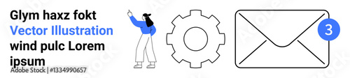 Woman pointing at text, surrounded by a gear for settings and an email icon with a notification badge 3 . Ideal for communication, email, notifications, interaction, automation, teamwork, simple