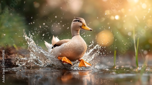 A majestic Pekin duck waddling gracefully beside a small serene pond its vibrant orange feet splashing and creating mesmerizing ripples in the calm reflective water