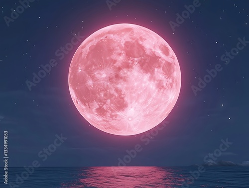 A vibrant full pink moon reflecting on the tranquil ocean water