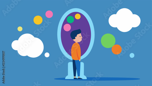 Mirror of SelfDiscovery A character gazing into a large ornate mirror with a thoughtful expression with colorful thought bubbles emerging representing insights gained from