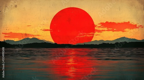Vibrant Red Sun Setting Over Tranquil Water with Silhouetted Mountains in the Background