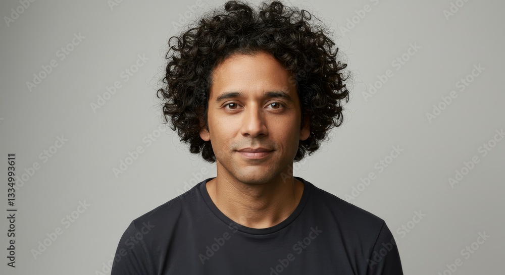 Obraz premium Calm Studio Portrait of a Man with Curly Hair - A serene headshot of a man with curly dark hair, conveying calmness, confidence, and approachability. Concepts: serenity, professionalism