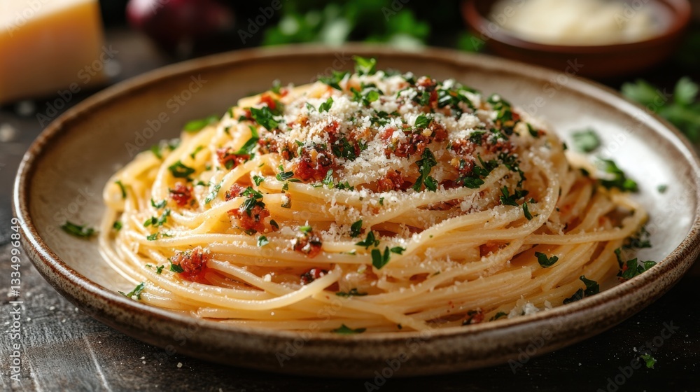 Classic Pasta Dish with Herbs and Cheese, Culinary Delight. Classic Pasta Dish with Herbs and Cheese, Culinary Delight.