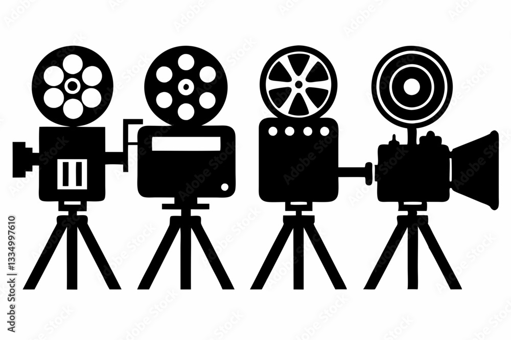 Obraz premium movie camera icon set line art silhouette vector illustration