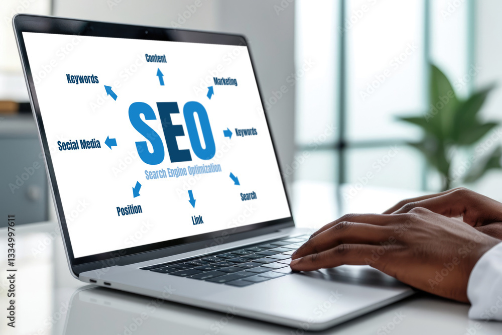 SEO search engine optimization for brisk e-commerce and online retail business showing on computer screen SEO search engine optimization for brisk e-commerce and online retail business showing on computer screen
