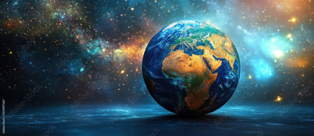 Obraz premium stunning view of Earth in space, showcasing continents and oceans against cosmic background filled with stars and galaxies. image evokes sense of wonder and exploration