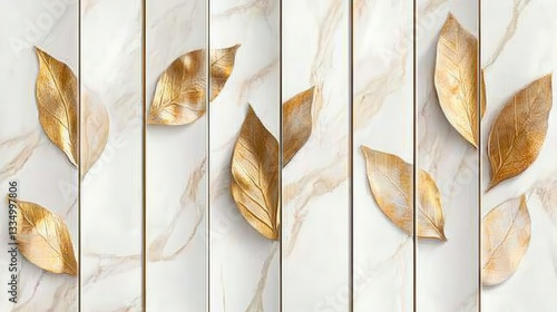 Golden Leaf Art Prints on Marble Background - Exquisite Wall Decor