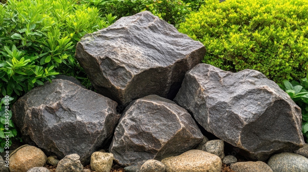 Large Natural Rocks Surrounded by Lush Greenery in Garden Setting Large Natural Rocks Surrounded by Lush Greenery in Garden Setting