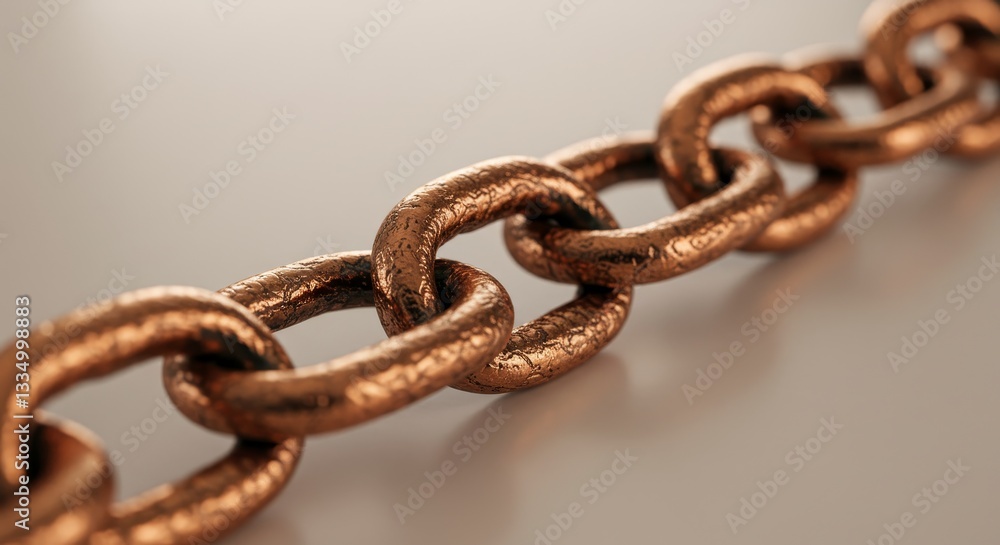 Fototapeta premium Copper Chain Link Detail - Close-up of a detailed copper chain, showcasing its texture and links. Ideal for industrial, construction, or security themes