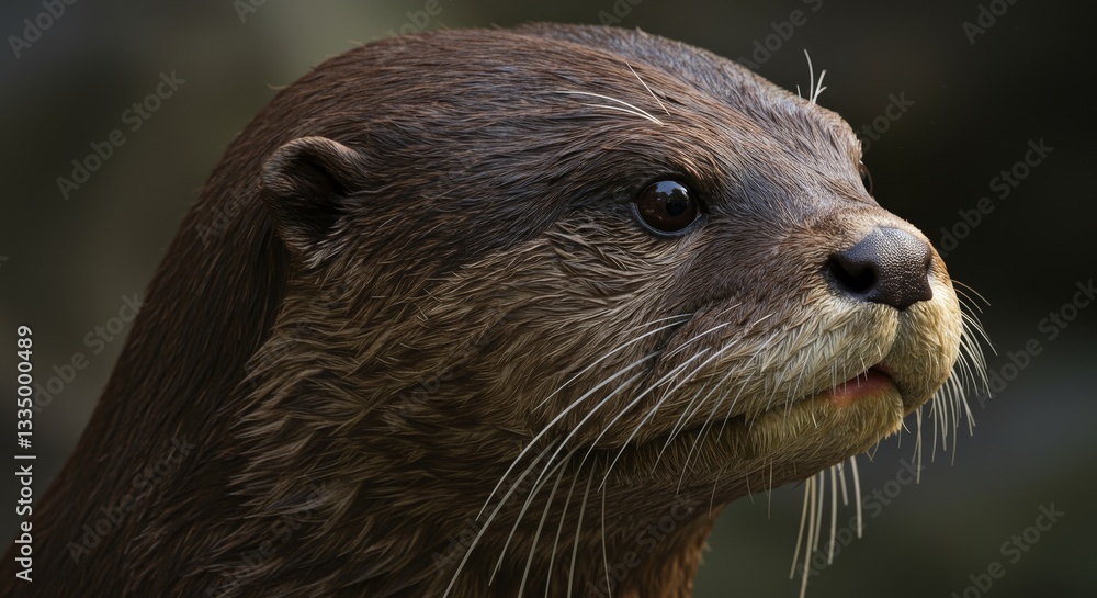 Detailed Portrait of a Smooth Coated Otter - Close-up, detailed portrait of an otter's head, showcasing its smooth fur, expressive eyes, and delicate whiskers. Symbolizing: grace, wildlife, nature Detailed Portrait of a Smooth Coated Otter - Close-up, detailed portrait of an otter's head, showcasing its smooth fur, expressive eyes, and delicate whiskers. Symbolizing: grace, wildlife, nature