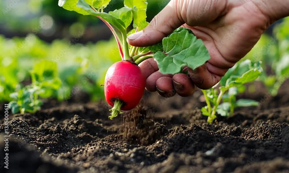 Hand harvesting a vibrant red radish from rich, dark soil in a lush garden, showcasing organic farming Hand harvesting a vibrant red radish from rich, dark soil in a lush garden, showcasing organic farming