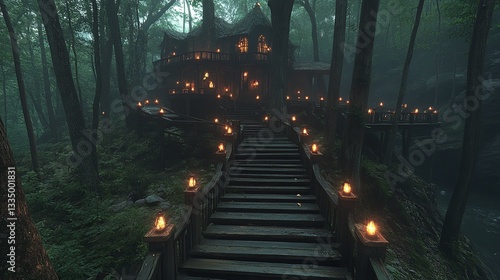 Wallpaper Mural Steps lead to an elaborate treehouse in a forest lit by candles. Torontodigital.ca