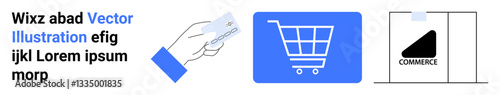 Hand holding a card, shopping cart icon, and a package labeled e-commerce. Ideal for technology, online shopping, retail, e-commerce platforms, payments, digital business simple landing page