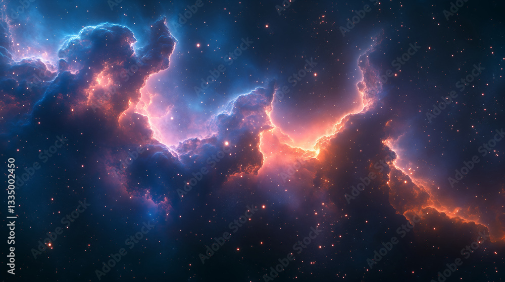 Naklejka premium Nebula Symphony: Captivating view of a nebula with swirls of orange and blue, where cosmic dust and gases converge to create a breath-taking, out-of-this-world panorama.