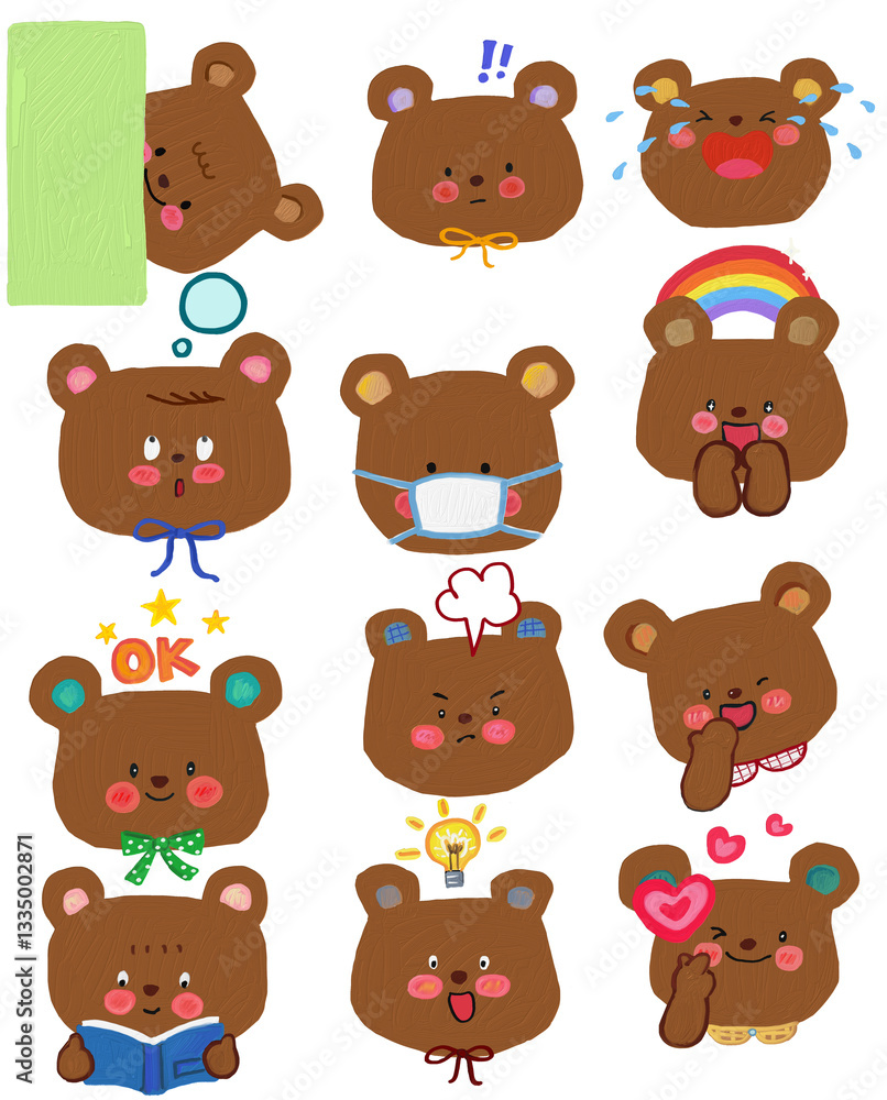 Fototapeta premium Doodle emoji cute bear , colorful painting texture . Bear face emotions sticker . Transparent, background .