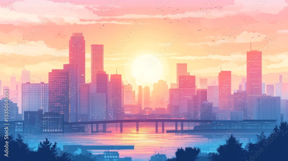 Illustration of a city skyline with a bridge over water during a colorful sunset Illustration of a city skyline with a bridge over water during a colorful sunset