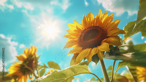 Sunflowers basking in sunlight with bright blue sky and fluffy clouds. perspective captures vibrant yellow petals reaching towards sun, evoking sense of warmth and growth