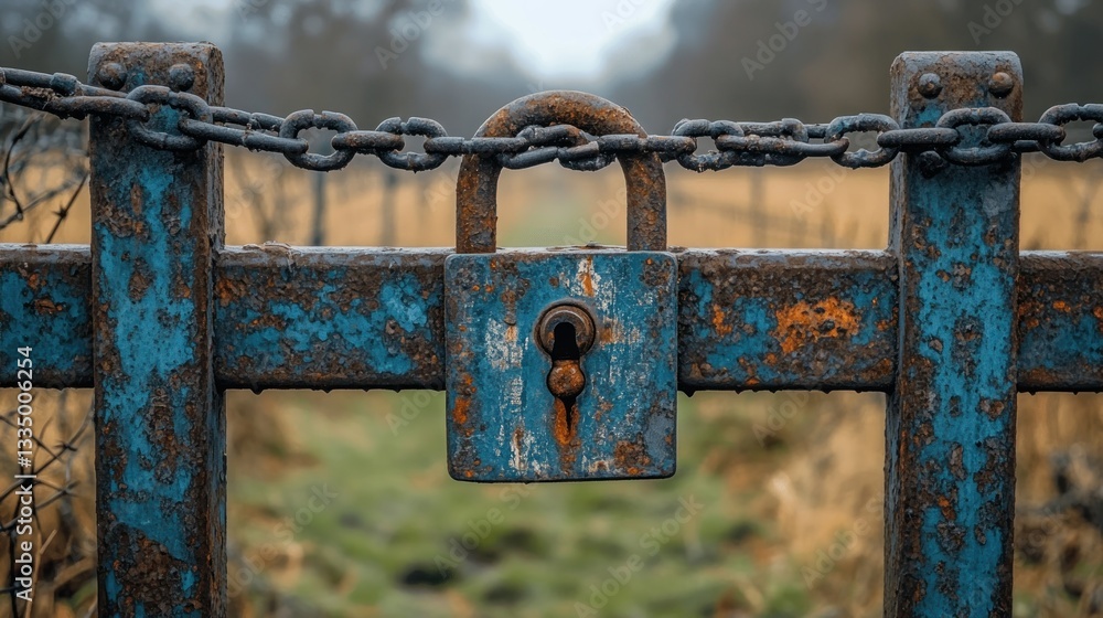 Rusted blue padlock securing a chain-link gate Rusted blue padlock securing a chain-link gate