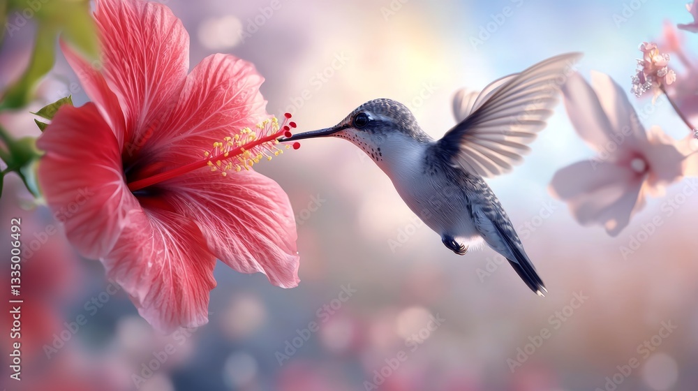 Fototapeta premium Hummingbird Feeding on Pink Hibiscus Flower