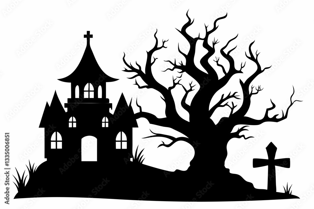 a haunted house with tree and cross icon line art silhouette vector illustration a haunted house with tree and cross icon line art silhouette vector illustration