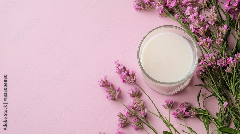 Flat lay of a jar of white cream on a pink background. the jar is placed on the right side of the image, with a bunch of lavender flowers on the left side. Flat lay of a jar of white cream on a pink background. the jar is placed on the right side of the image, with a bunch of lavender flowers on the left side.
