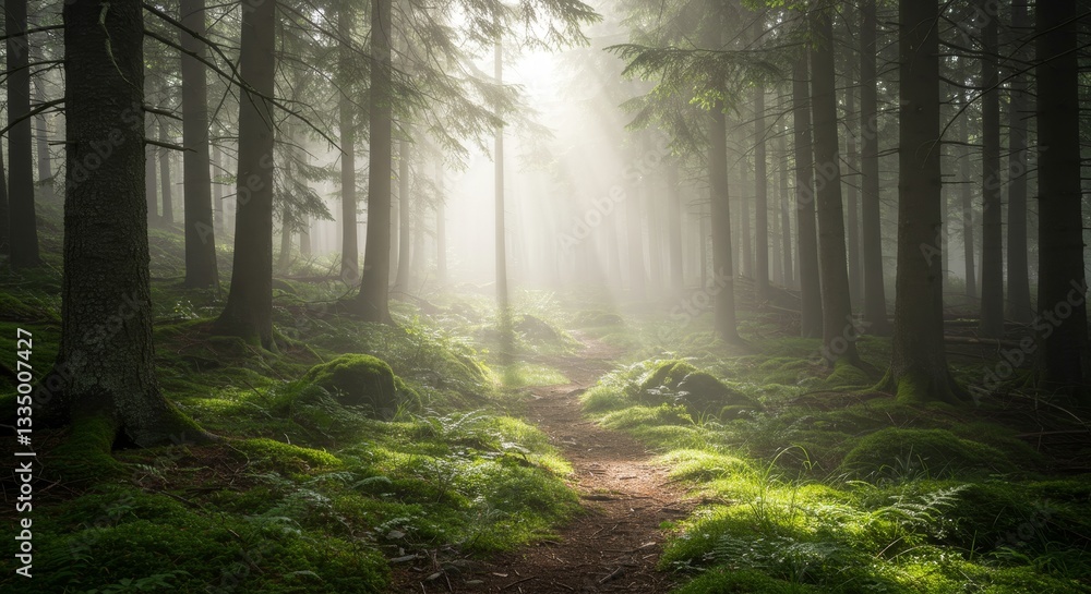 Misty Forest Path - Sunbeams illuminate a tranquil path winding through a misty forest, lush green moss covering the ground Misty Forest Path - Sunbeams illuminate a tranquil path winding through a misty forest, lush green moss covering the ground