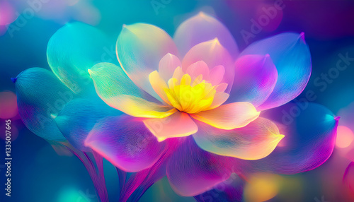 Vibrant lotus flower glowing in a rainbow of colors in a dreamy background during a tranquil evening