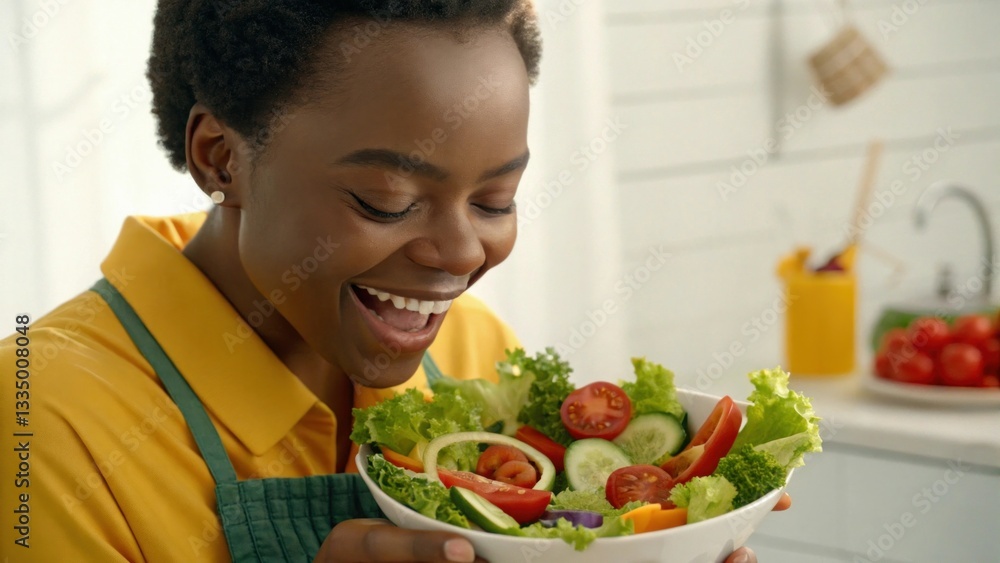 Young african female enjoying fresh vegetable salad with joyful expression. Young african female enjoying fresh vegetable salad with joyful expression.