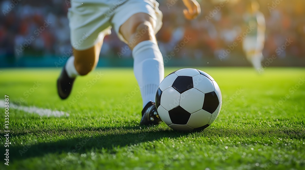 An energetic football player showcases his skills on the pitch during a thrilling match set against the backdrop of a sunny day An energetic football player showcases his skills on the pitch during a thrilling match set against the backdrop of a sunny day